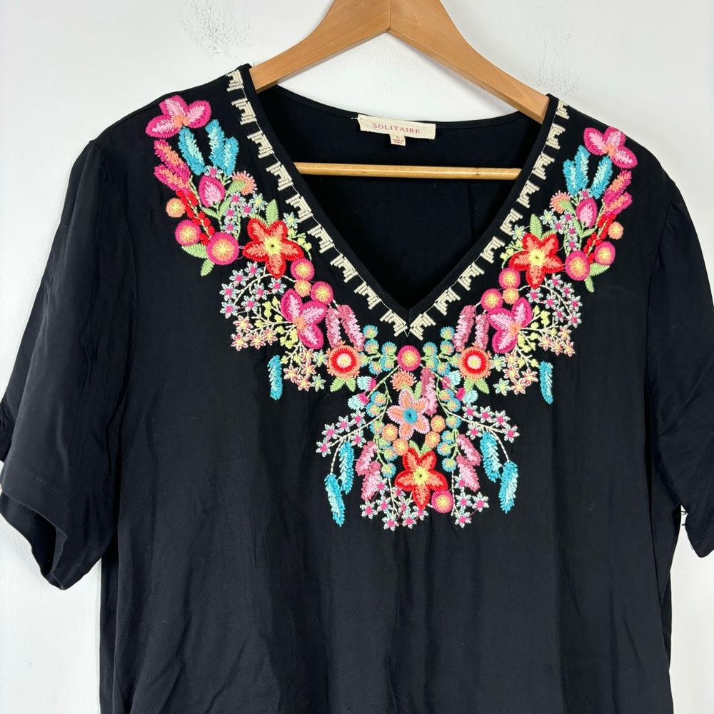 Solitaire Tunic Shirt Dress Womens L Colorful Floral Embroidered Boho Casual